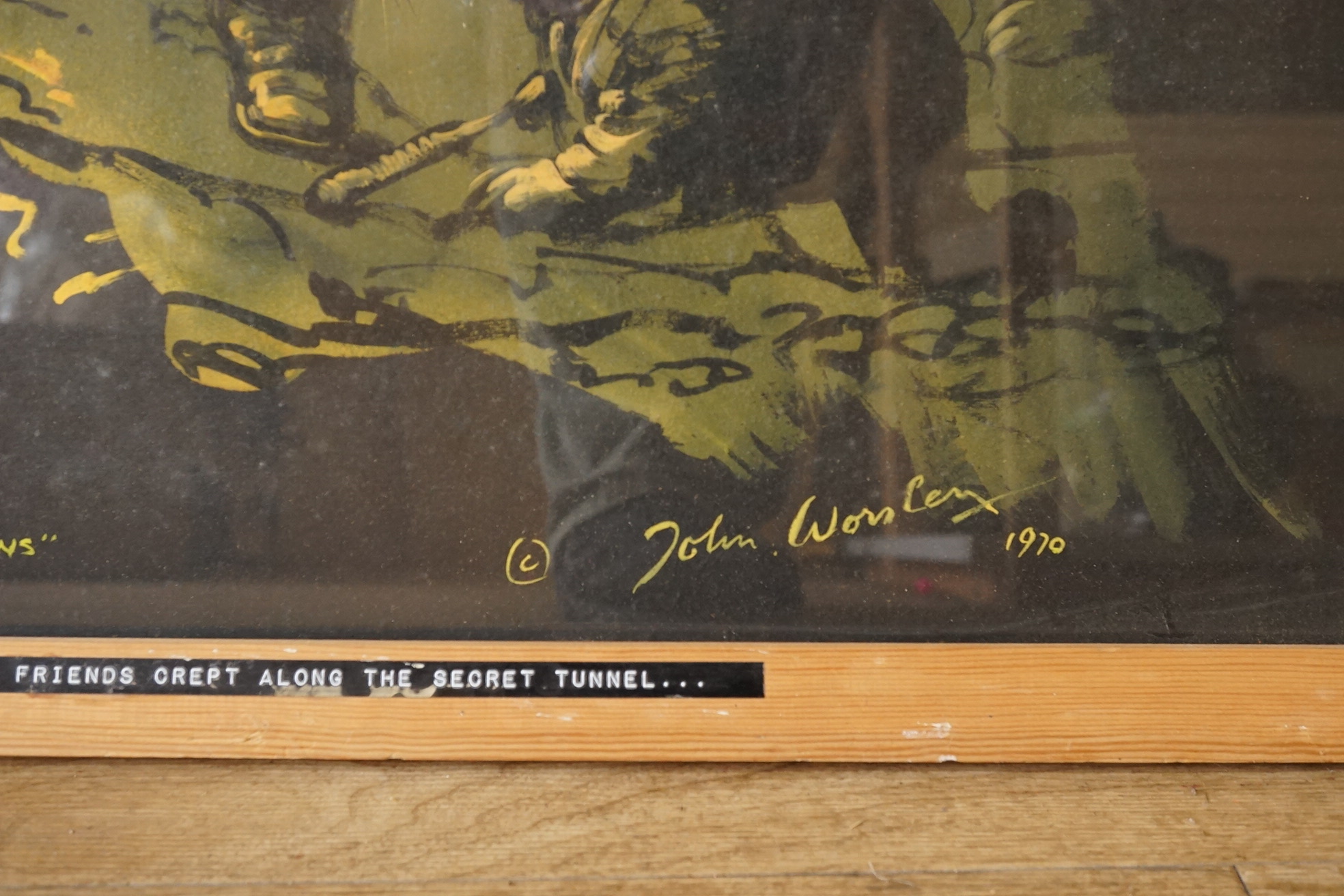 John Worsley (1919-2000), ‘The four friends crept along the secret tunnel’, signed and dated 1970, original illustration for Wind in the Willows, 46 x 60cm
